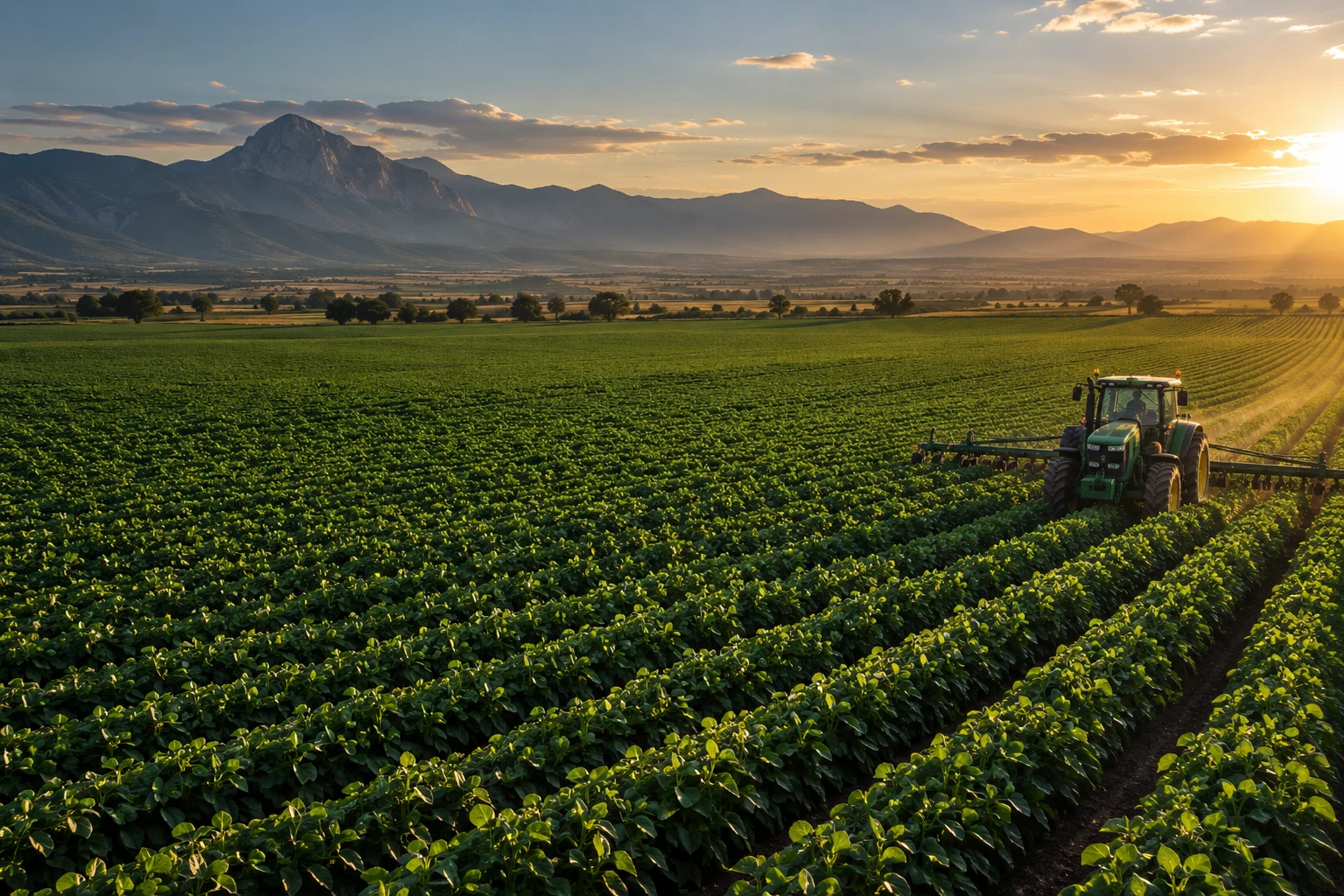 Campos agrícolas y tractor bajo la luz del atardecer